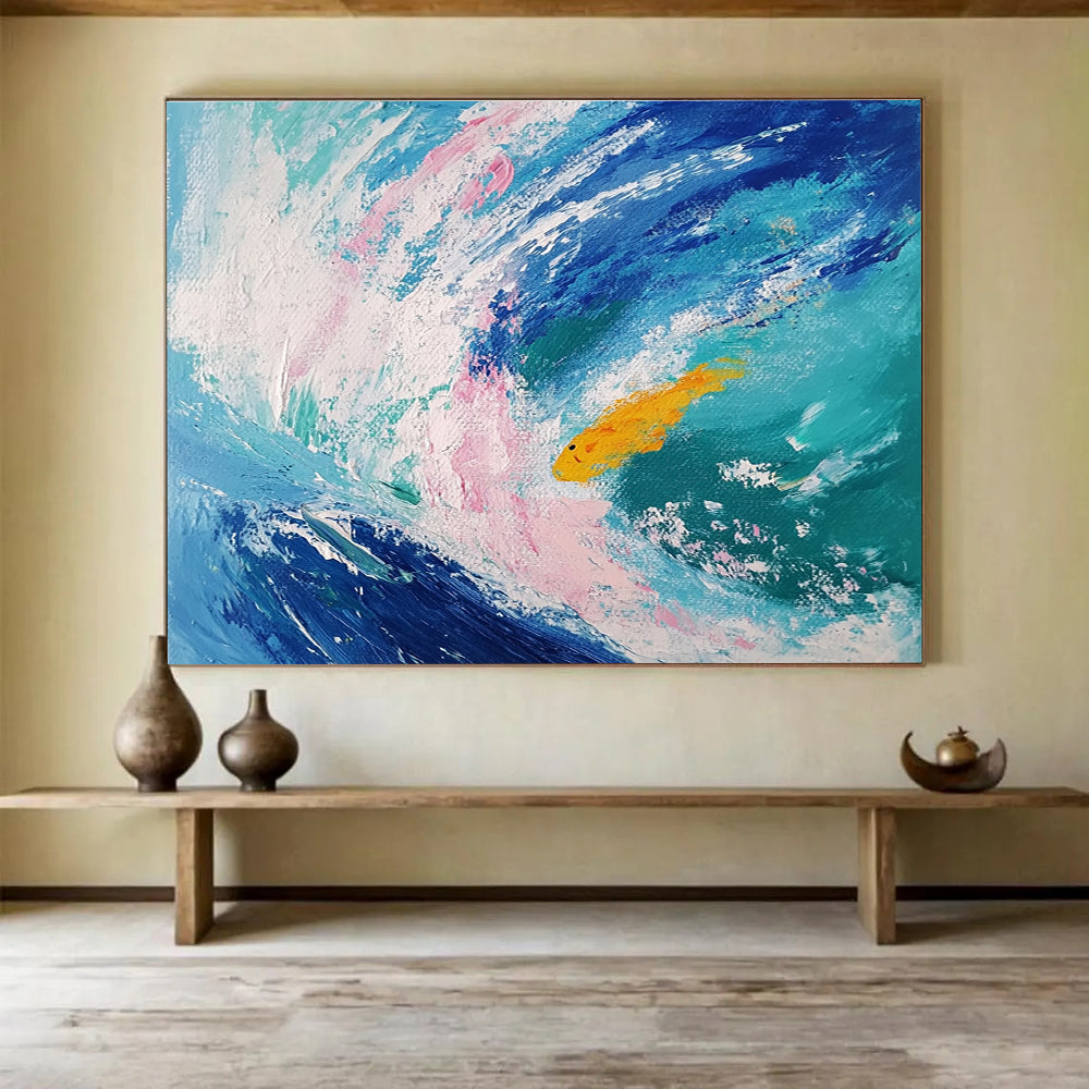 Extra Large Size Blue, Pink, and Yellow Abstract Ocean with Fish - Acrylic Painting WB289