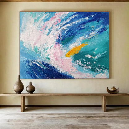 Extra Large Size Blue, Pink, and Yellow Abstract Ocean with Fish - Acrylic Painting WB289