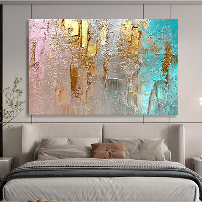 Big Size Gold, Silver, Teal, and Pink Abstract Textured Art - Acrylic Painting WB276