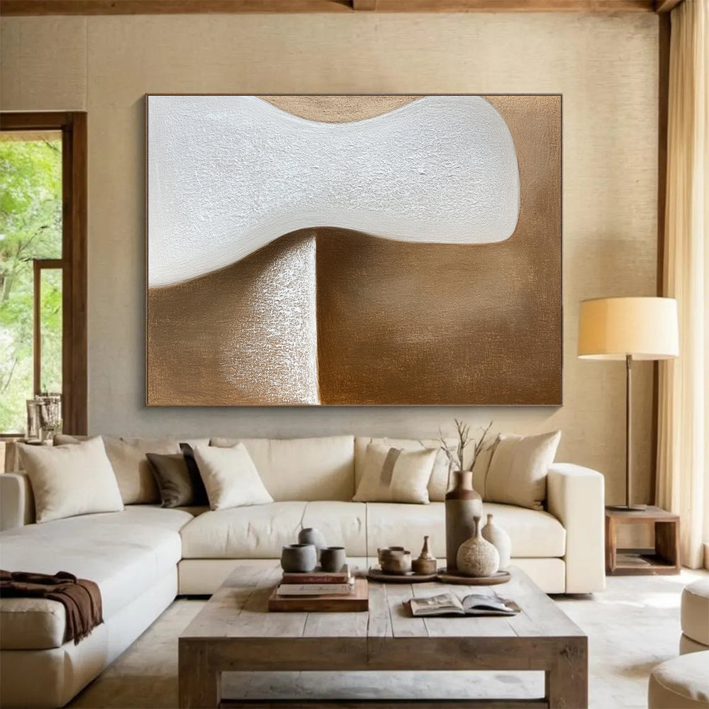 Hand-Painted White and Brown Abstract Organic Shape Painting For Sale HS161