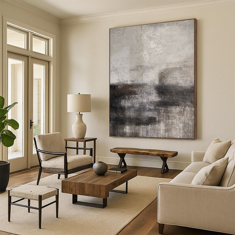 Large Contemporary Wall Art Gray and Black Textured Abstract Landscape HS625