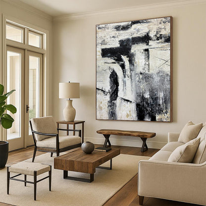 Large Contemporary Wall Art Black, White, and Gold Textured Abstract Art HS725