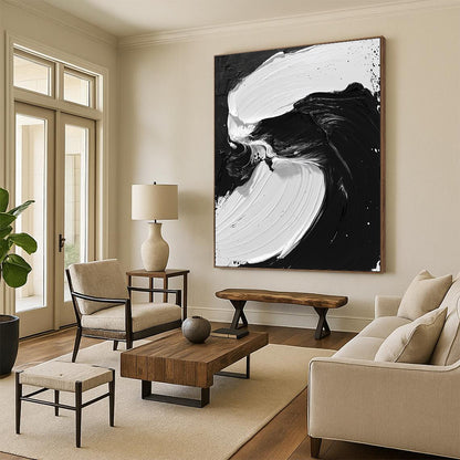Hand Painting Black and White Fluid Abstract Art HS195