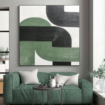 Hand-Painted Green, Black, and White Abstract Curved Line Textured Painting For Sale HS033
