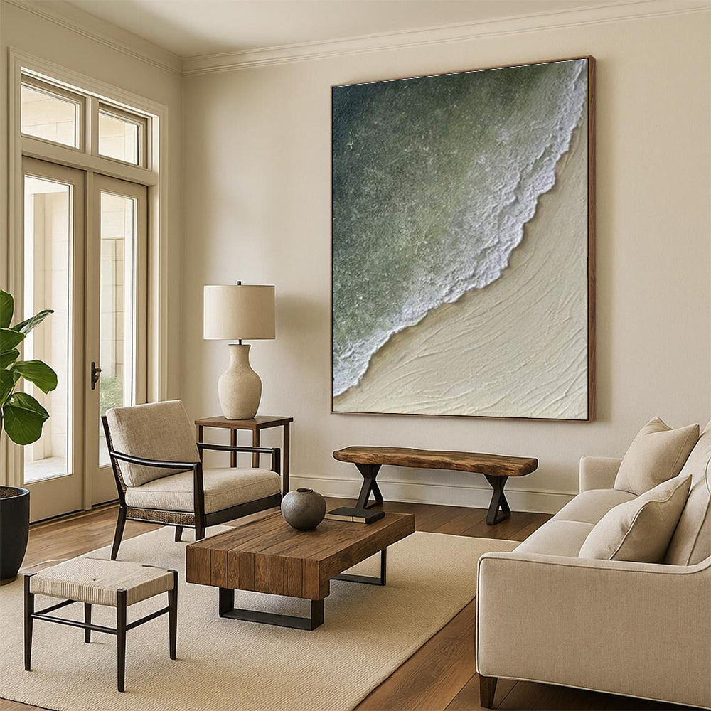Hand Painted Art Green, Beige, and White Textured Abstract Landscape HS674