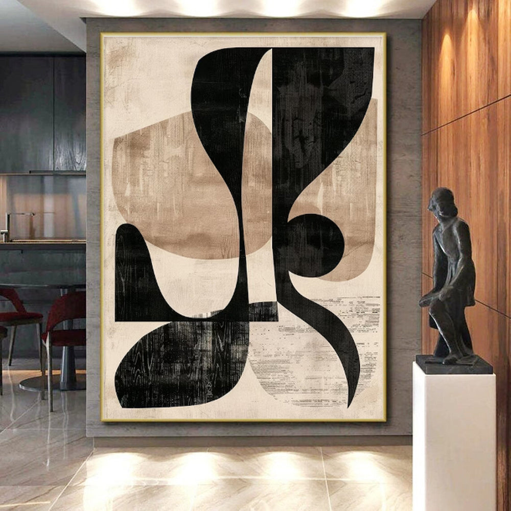 Unique Abstract Art Black & Beige Geometric Abstract, Large Contemporary Wall Art HS433