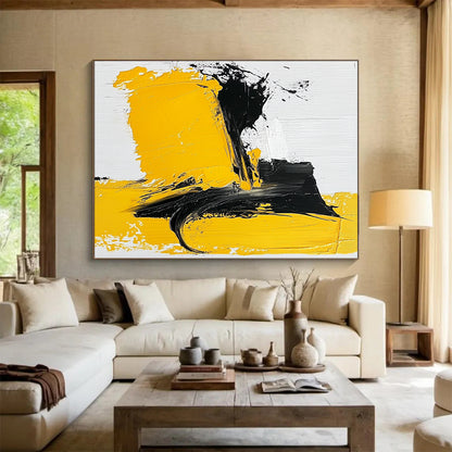 Acrylic Modern Art Paintings Yellow, Black, and White Abstract Expressive Painting For Sale HS140