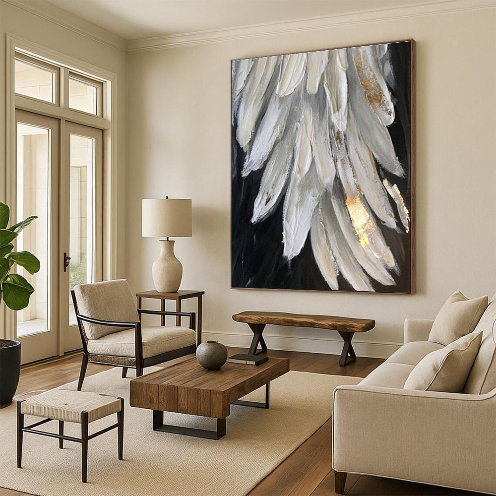 White and Gold Textured Feather Abstract Painting For Sale Online WS469
