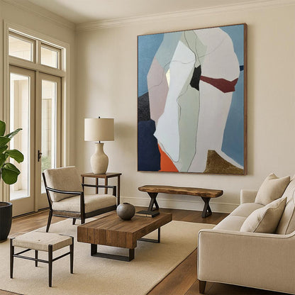 Hand-Painted Blue, Beige, and Gold Abstract Geometric Shape Painting For Sale HS020