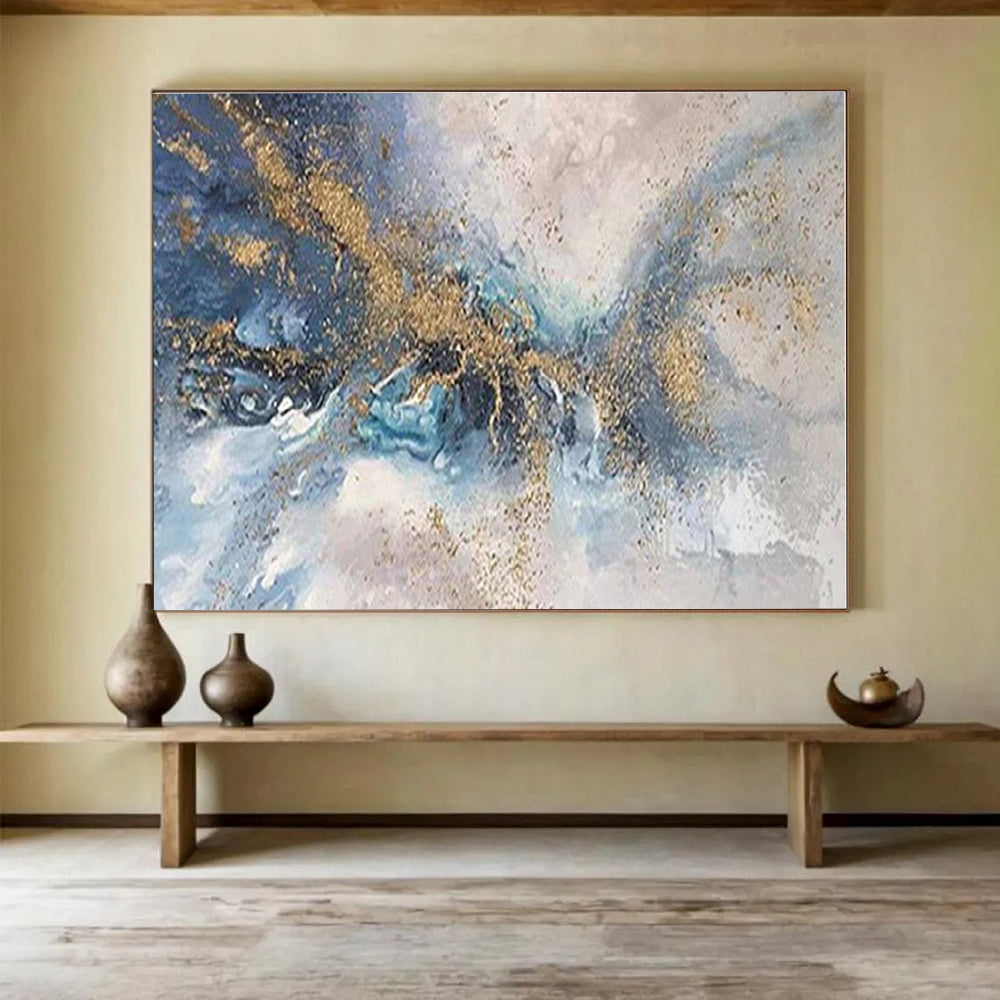 Big Size Blue, Gray and Gold Abstract Fluid Painting WB155