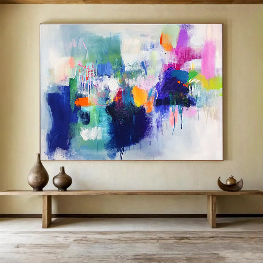 Contemporary Abstract Painting with Bright Colors like Pink, Orange, Blue, Green, Abstract Energetic Theme WB314