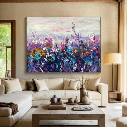Hand Paintings: Purple Pink and Blue Floral Field Abstract Painting WB345