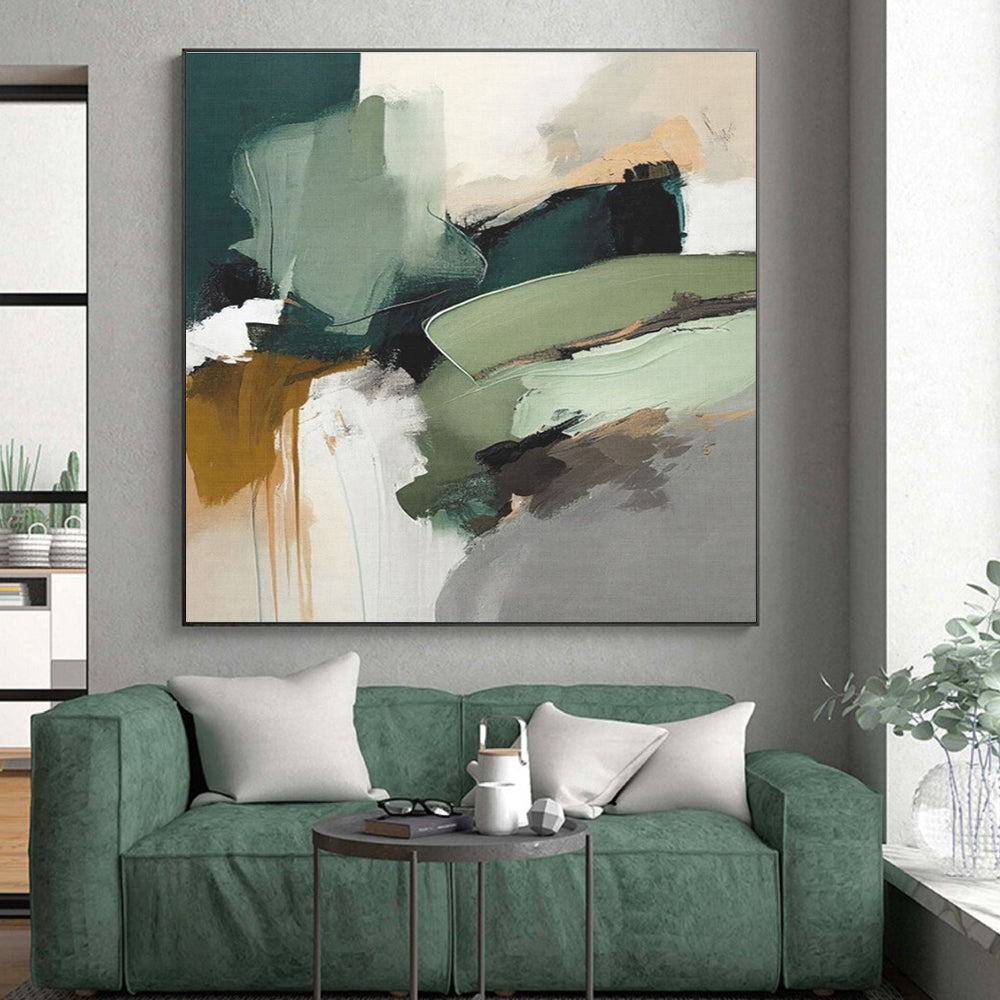 Large Contemporary Wall Art Earthy Greens and Neutrals Abstract HS577