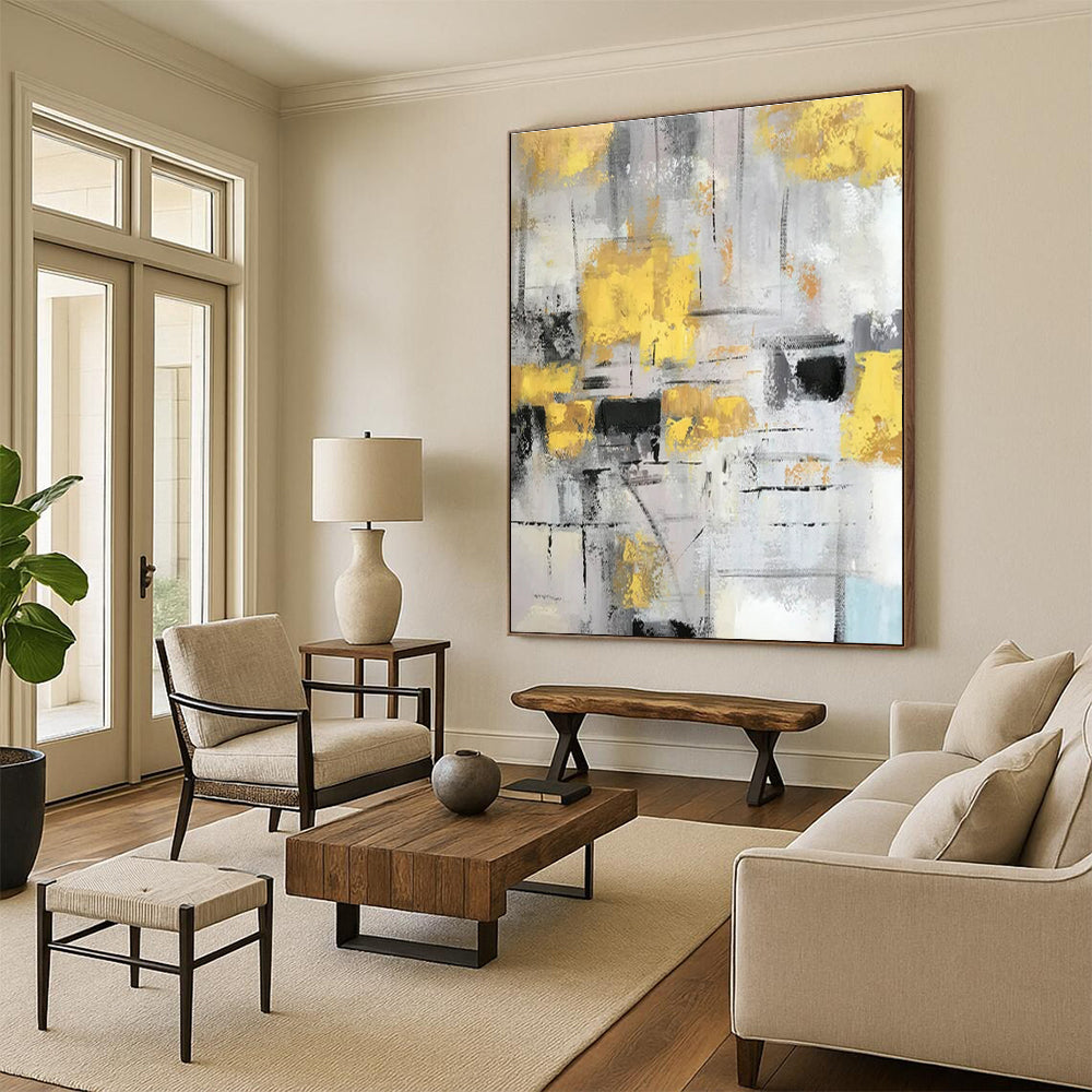 Unique Abstract Art Yellow, Gray, and Black Textured Abstract Art HS749