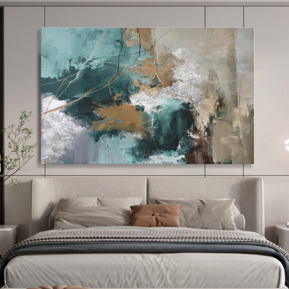 Extra Large Size Teal, Gold and Gray Abstract Textured Painting WB114