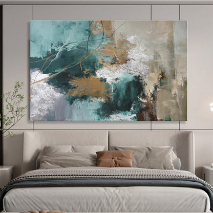 Extra Large Size Teal, Gold and Gray Abstract Textured Painting WB114