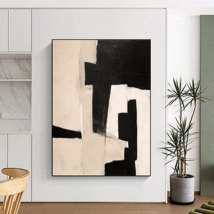 Large Contemporary Wall Art Black, White, and Beige Geometric Abstract Art HS667