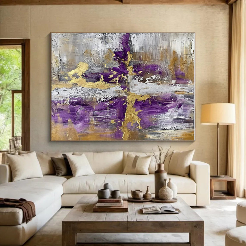 Modern Art Acrylic Purple, Gold, and Gray Abstract Composition HS593