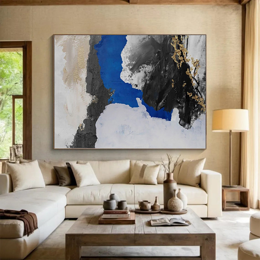 Hand-Painted Black, White, Blue, and Gold Abstract Textured Painting For Sale HS052