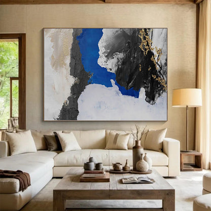 Hand-Painted Black, White, Blue, and Gold Abstract Textured Painting For Sale HS052