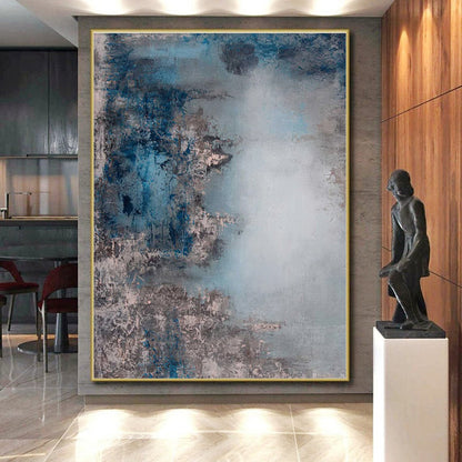 Unique Abstract Art Blue & Gray Textured Abstract, Large Contemporary Wall Art HS282