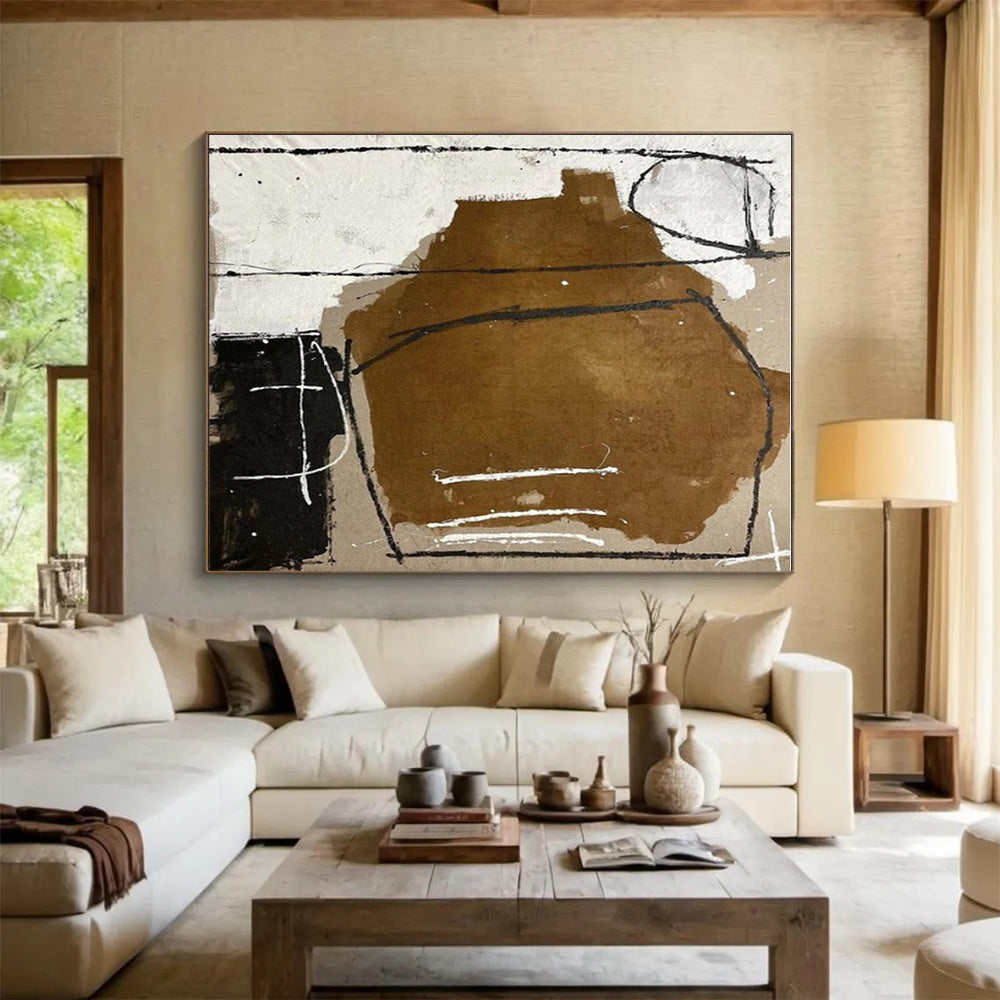 Handmade Art Brown, Black, and White Geometric Abstract Art HS694