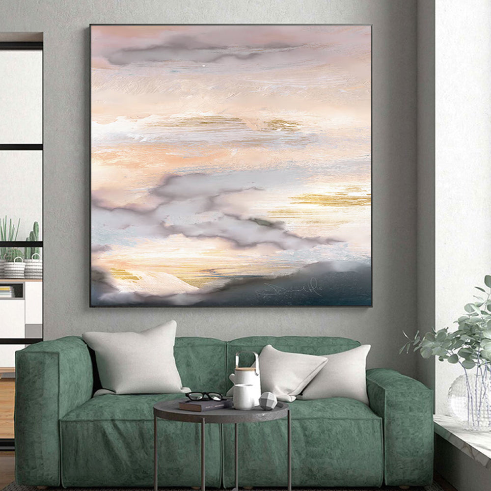Hand-Painted Pink, Gold & Gray Cloudy Abstract, Acrylic Modern Art Painting HS241