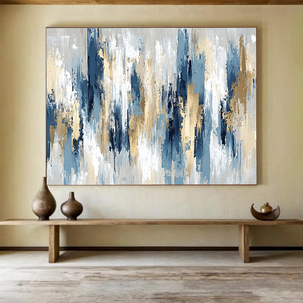 Huge Size Blue, Gold, and Beige Abstract Vertical Textures - Acrylic Painting WB294