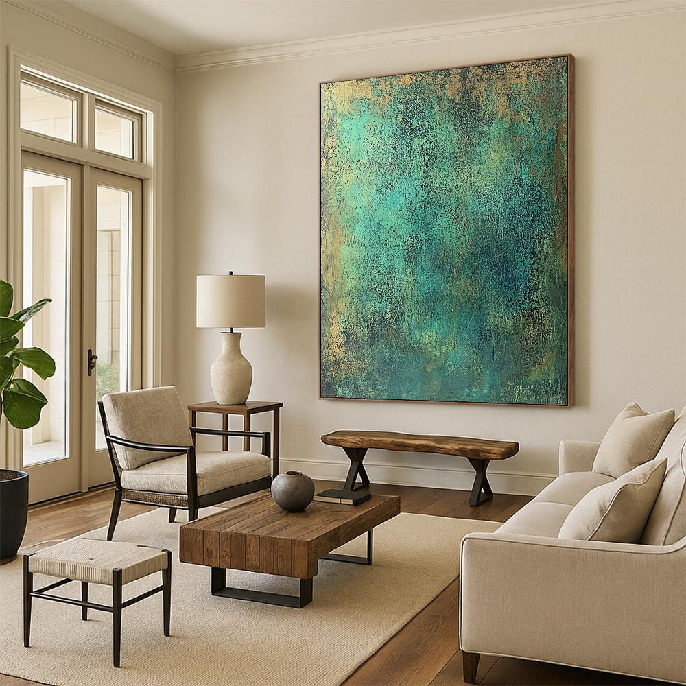 Acrylic Modern Art Paintings Teal and Gold Textured Abstract Art HS177