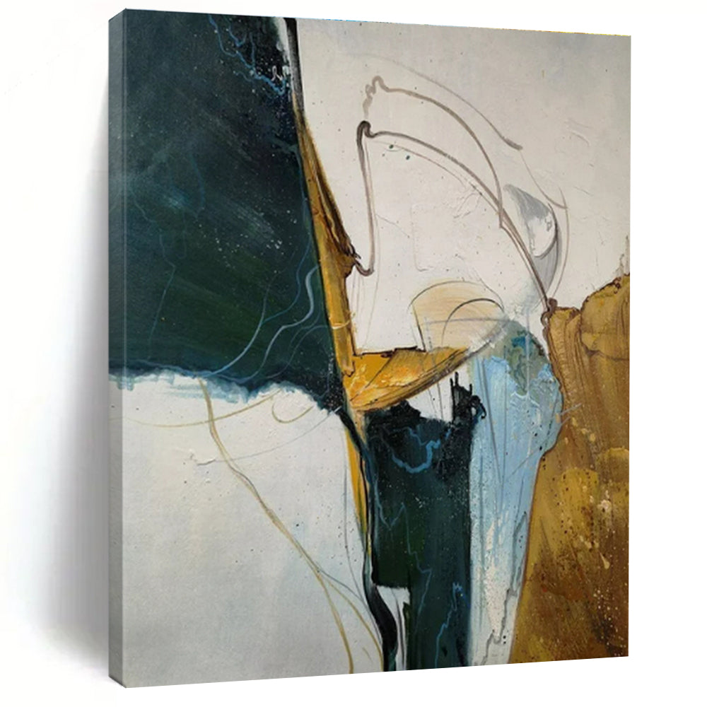 Unique Abstract Art Green, Gold, and White Dynamic Abstract Painting On Canvas HS810
