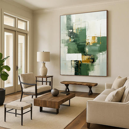 Unique Abstract Art Green, White, and Gold Geometric Abstract Painting On Canvas HS800