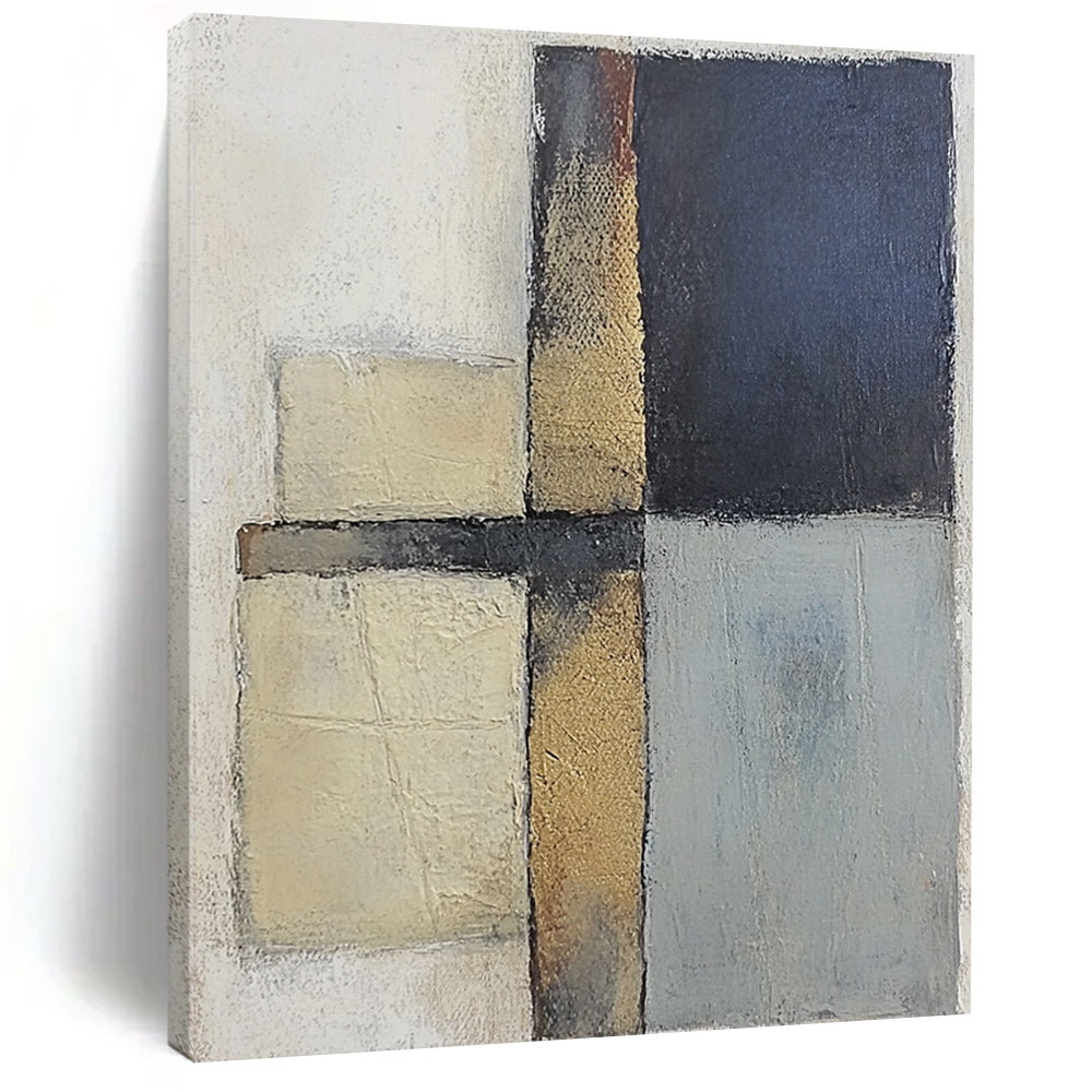 Modern Art Acrylic Beige, Black, and Gold Abstract Geometric Painting For Sale HS159