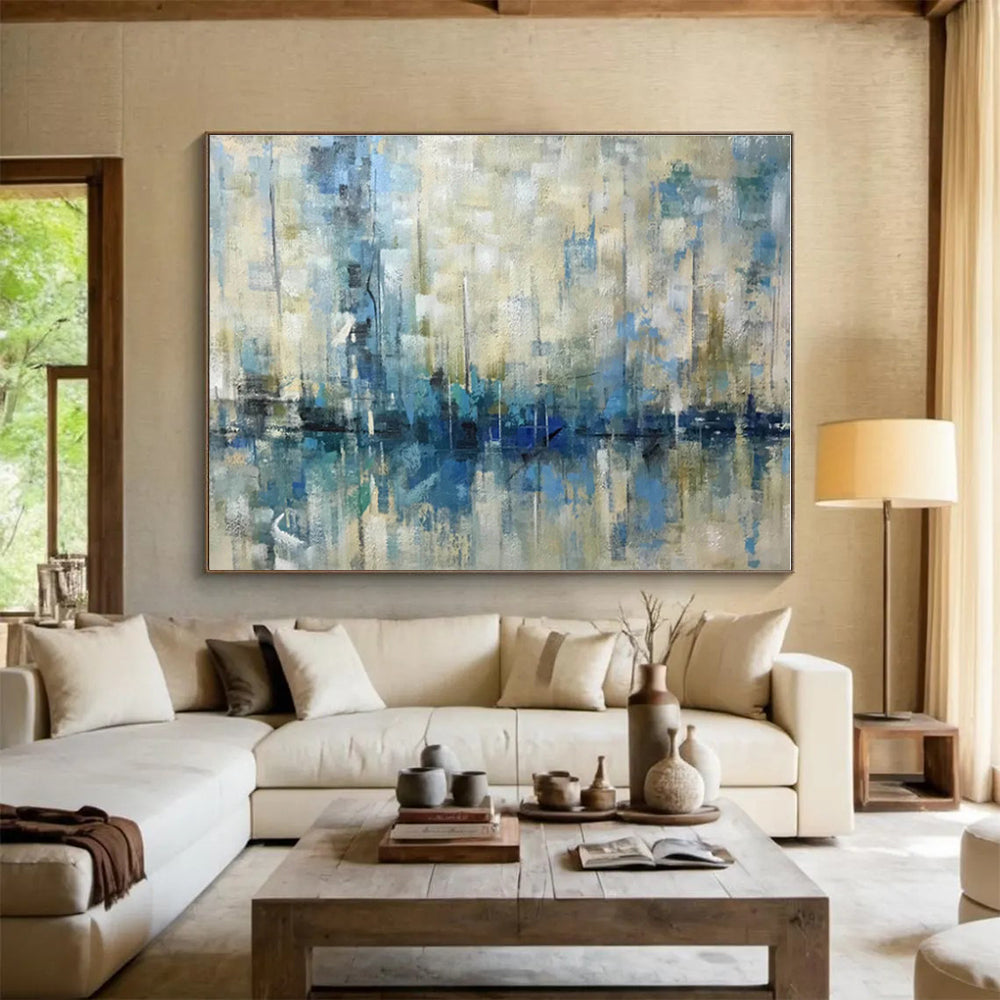 Oversized Canvas Art Blue and Beige Abstract Harbor Reflection Painting WB057