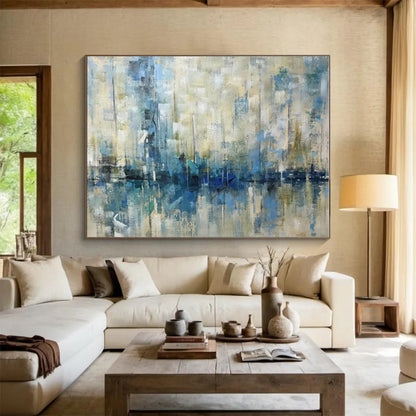 Oversized Canvas Art Blue and Beige Abstract Harbor Reflection Painting WB057