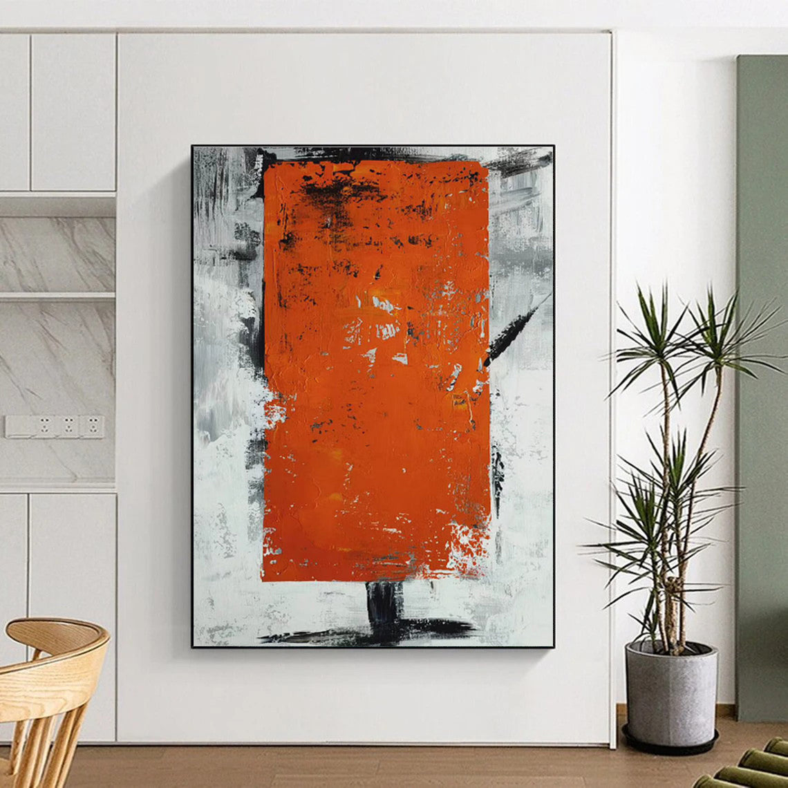 Hand Painted Art Orange & Gray Textured Abstract Geometric Block Art HS403