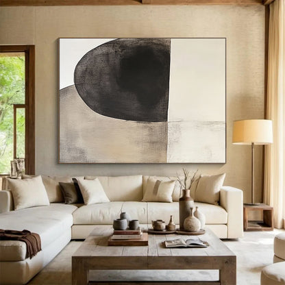 Oversized Abstract Wall Art Black, White, and Beige Abstract Organic Shape Painting For Sale HS156