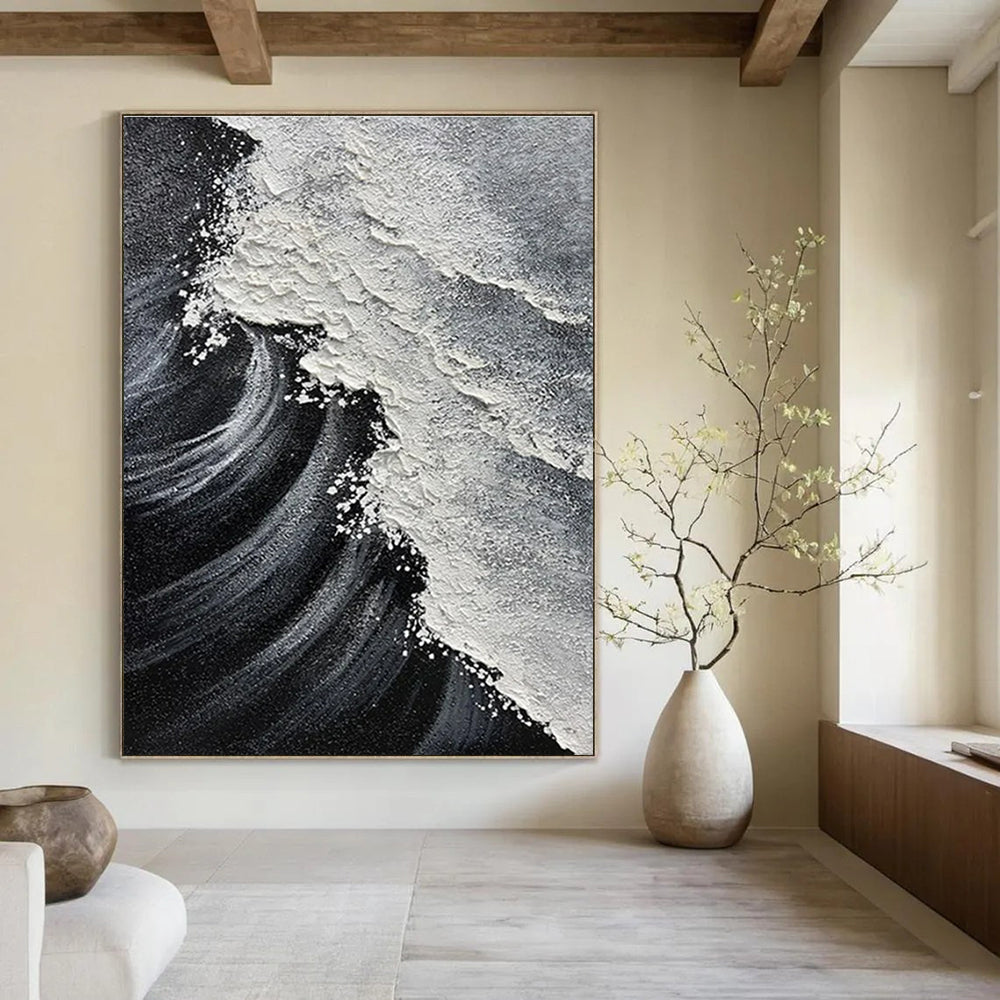 Black and White Textured Wave Abstract Painting For Sale WS506
