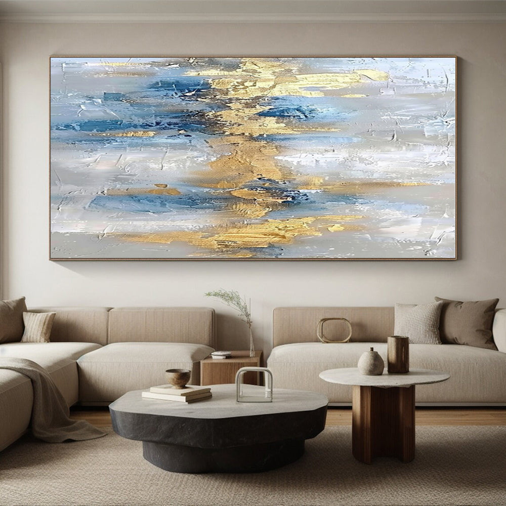Large Painting In Living Room Blue, Gold, and Gray Textured Abstract Art HS655