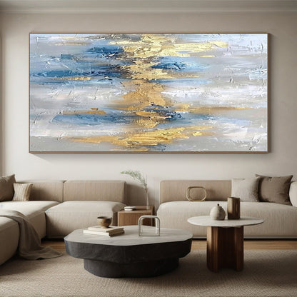 Large Painting In Living Room Blue, Gold, and Gray Textured Abstract Art HS655