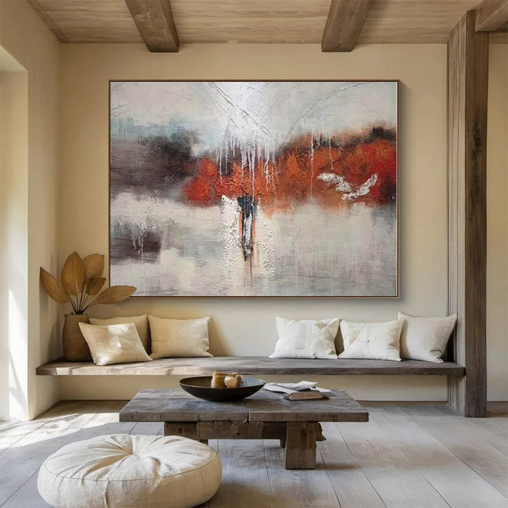 Big Size Gray, Orange and White Abstract Landscape Painting WB082