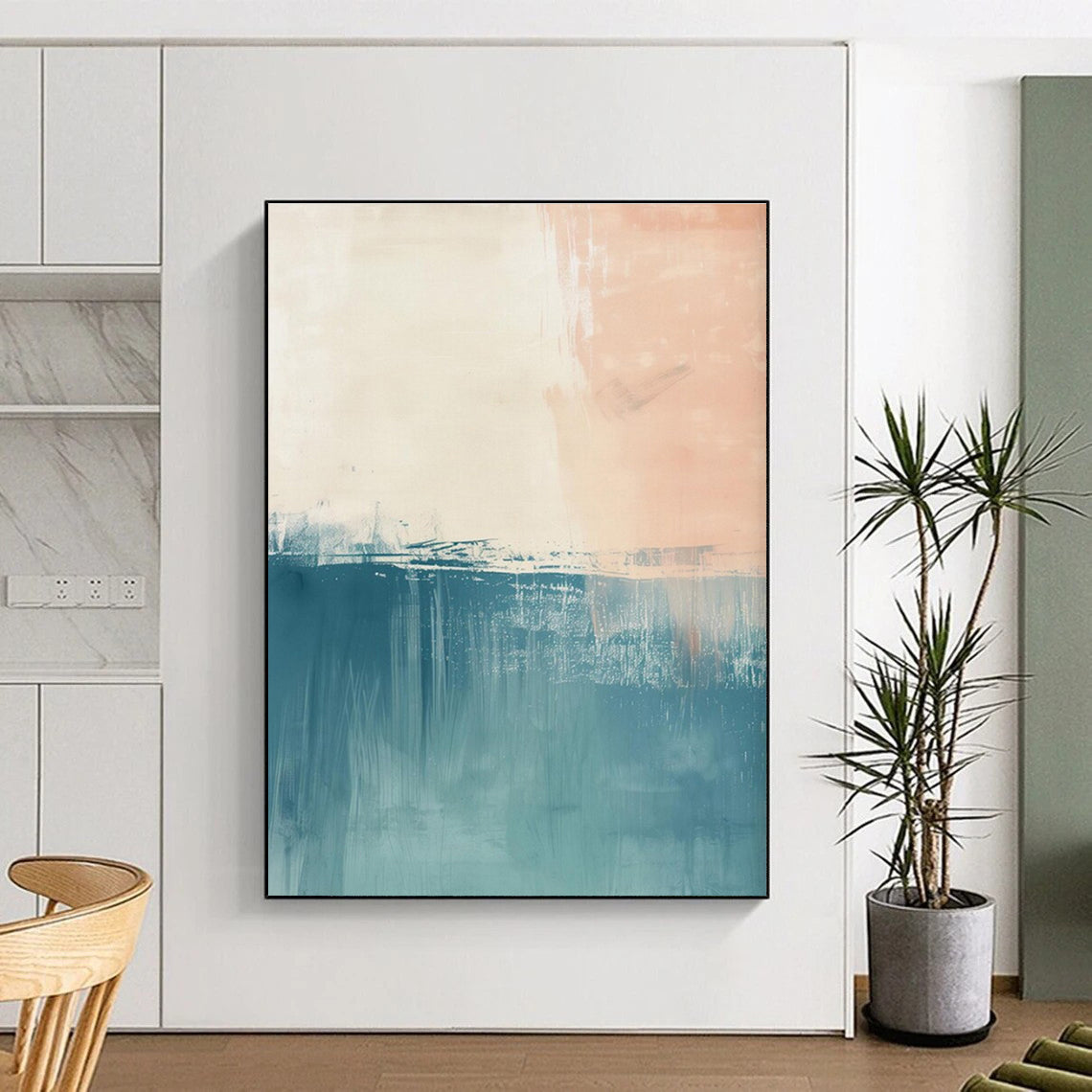 Handmade Art Teal, Beige, and Coral Textured Abstract Art HS766