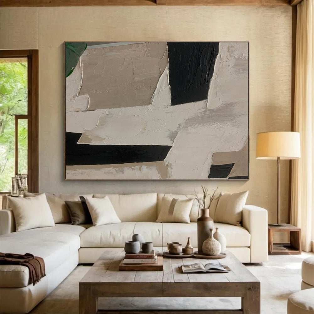 Unique Abstract Art Black, Beige & White Geometric Abstract, Large Contemporary Wall Art HS306