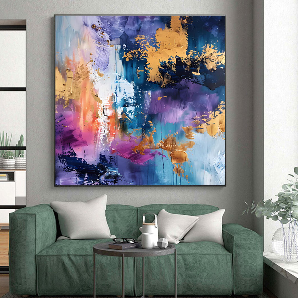 Gaint Canvas Art Purple, Gold & Blue Splatter Abstract, Oversized Abstract Wall Art HS255