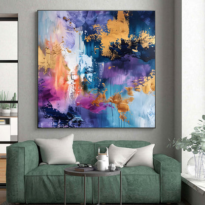 Gaint Canvas Art Purple, Gold & Blue Splatter Abstract, Oversized Abstract Wall Art HS255