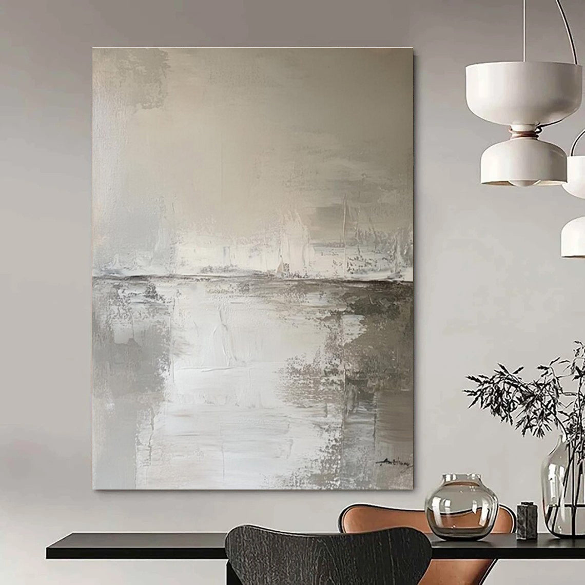 Gray and White Textured Abstract Seaside Painting For Sale Online WS487