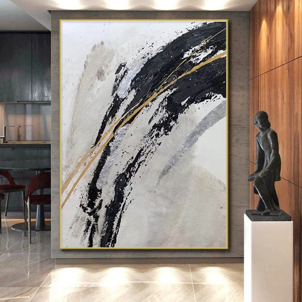 Gaint Canvas Art Black, Gold & Silver Gestural Abstract, Oversized Abstract Wall Art HS245