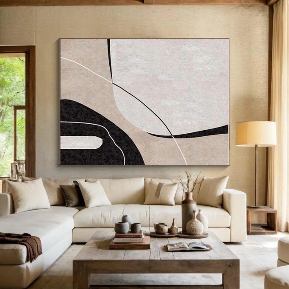 Minimalist Canvas Art Black, Beige, and White Organic Abstract Art HS681