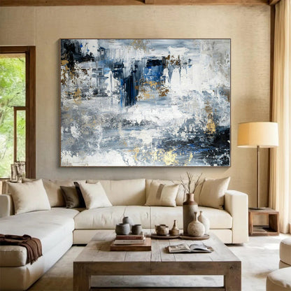 Hand Painted Art Gray, Blue, and Gold Textured Abstract Art HS770