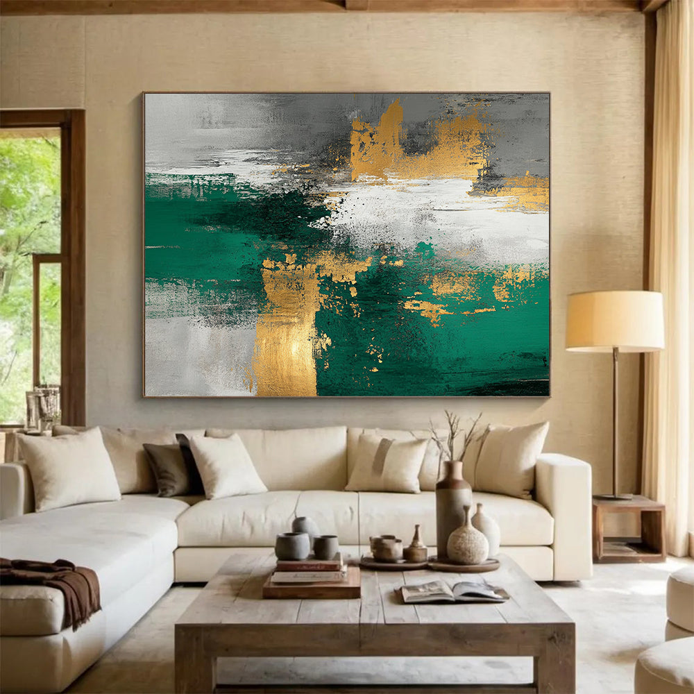Large Size Green, Gold, and Gray Abstract Textured Painting For Sale HS110
