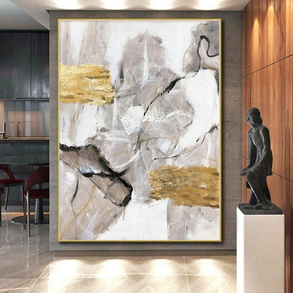 Hand-Painted Gray, White, and Gold Abstract Textured Painting For Sale HS057